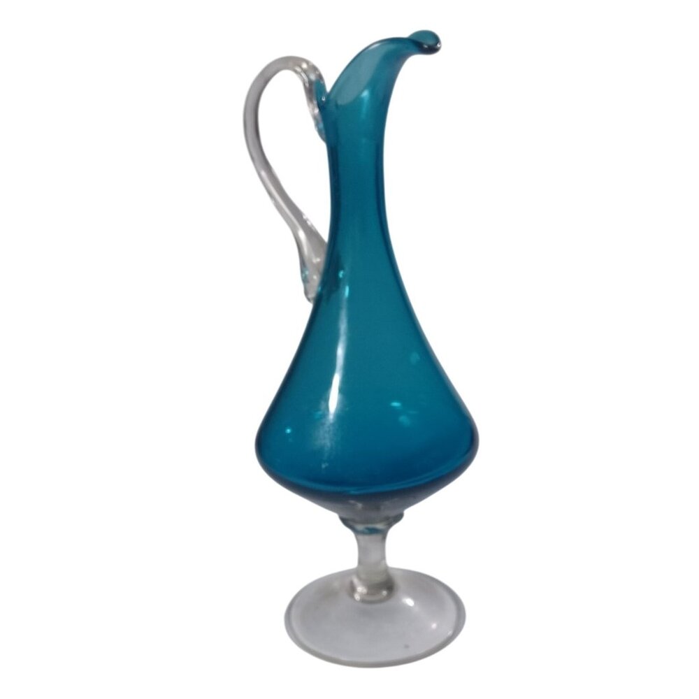 Vintage 1950s 12" Empoli Art  Deco Glass Pedestal Pitcher Vase With Handle